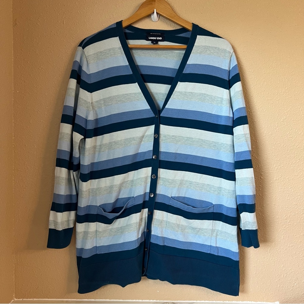 Lands’ End womens 1X Striped Blue Cardigan